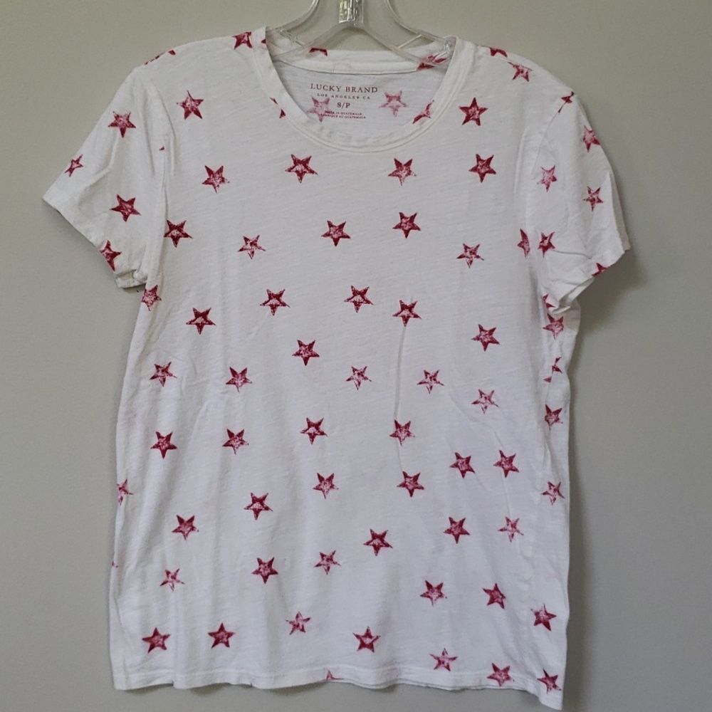 Lucky Brand Tee Shirt Top Red Stars White Short Sleeve Crew women's small